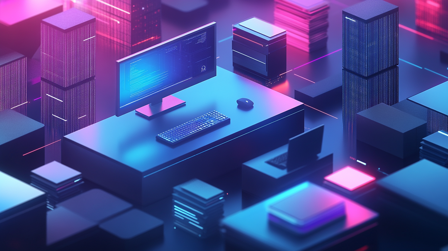 Futuristic office environment with racks, computers in a 3d render style